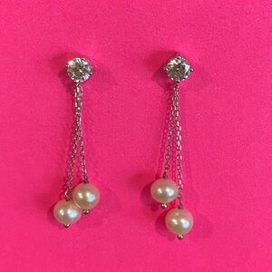 Elegant Silver and Pearl Drop Earrings with CZ Marked 925